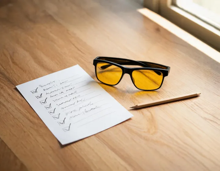Desk review of unlabeled night driving glasses beside a sourcing checklist