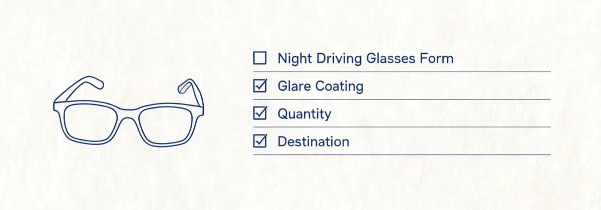 Procurement checklist illustration for night driving glasses, not a mapped office