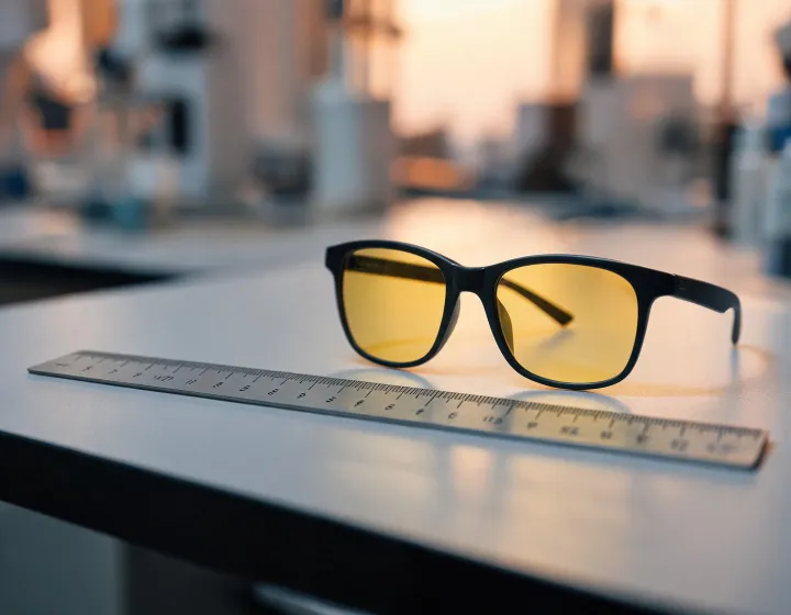 Unlabeled night driving glasses on an optical workbench at dusk