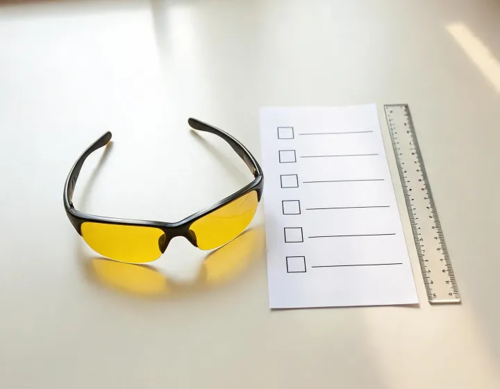 Night driving glasses for glare beside an application checklist