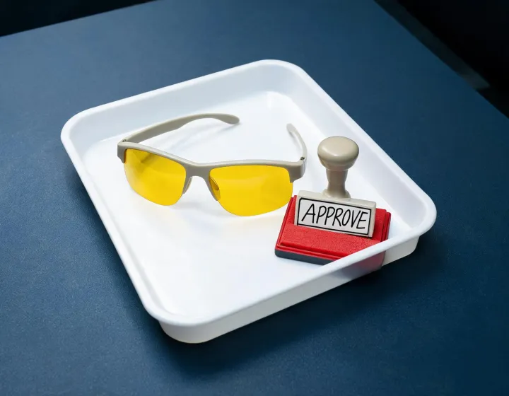 Sample pair of night driving glasses for astigmatism on an approval tray